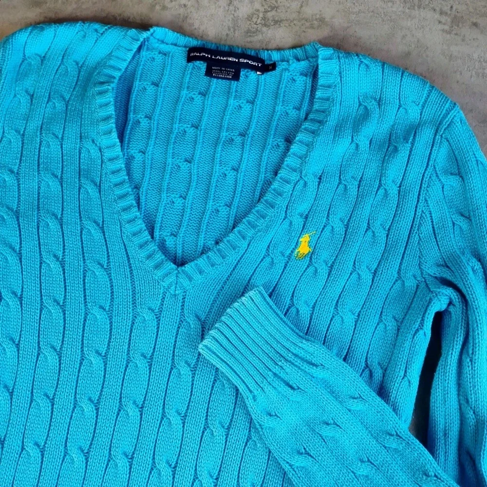 Ralph Lauren Sport Cable Knit Sweater Womens Medium Blue Yellow Pony Logo Preppy